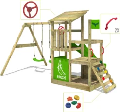 FATMOOSE Spielturm Klettergerüst FruityForest Mit Schaukel & Rutsche, Kletterturm Mit Sandkasten, Leiter & Spiel-Zubehör - Rot -Bestintex Geschaft 048cd936410e7bccd31d77600780e108