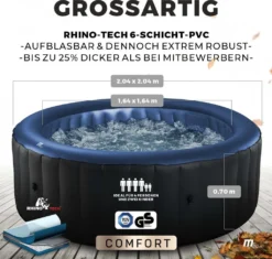 MSpa Whirlpool Bergen - Aufblasbar - Für 6 Personen - UV-C Filter - 138 Luftdüsen - Anti-Frost-System Winterfest - Rhino-Tech 6-Schicht-PVC - All-in-One LED Fernbedienung - Plug-&-Play-Aufbau - 1500 Watt PTC-Heiztechnologie Mit 40°C Schnellheizsystem - Verschließbare Poolabdeckung - Outdoor & Indoor - Rund - Garten - Pool (Anthrazit/Blau) -Bestintex Geschaft 07353c01b485e9517f224eabf94130ab