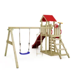 WICKEY Spielturm Klettergerüst MultiFlyer Light Mit Schaukel & Rutsche, Kletterturm Mit Sandkasten, Leiter & Spiel-Zubehör – Rot -Bestintex Geschaft 079b30fd578f503b106bb739e2d09c27