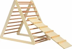 COSTWAY Kletterdreieck Klappbar, Klettergerüst Mit Leiter Aus Holz, Sprossendreieck Zur Entwicklung Grobmotorischer Fähigkeiten, Für Kleinkinder Ab 3 Jahren (Natur)