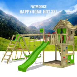 FATMOOSE Spielturm Klettergerüst HappyHome Mit Schaukel SurfSwing & Rutsche, Spielhaus Mit Sandkasten, Leiter & Spiel-Zubehör - Grün -Bestintex Geschaft 0cd5e2a6b41e0600071a9571c55b0eb7 1