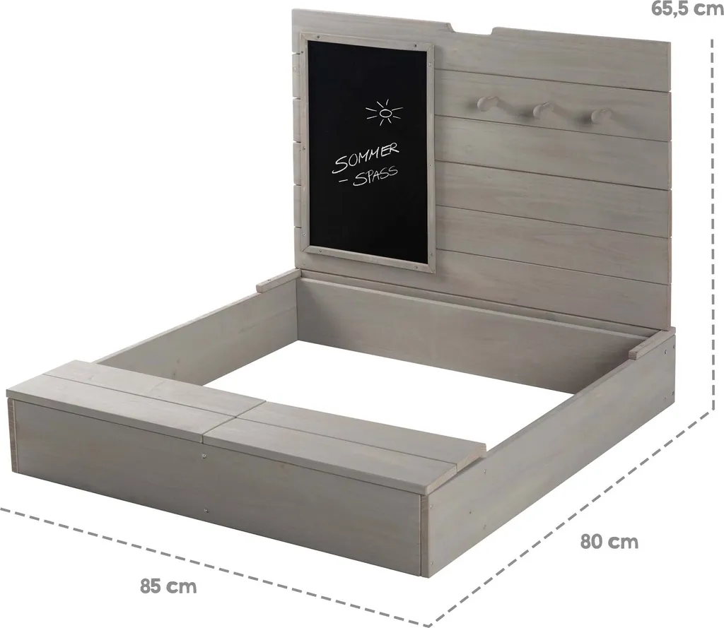 Roba Sandkasten Mit Deckel, HxBxT: 65,5 X 85 X 80 Cm, Sandkiste Aufklappbar Mit Tafel Und 3 Haken, Massivholz, Grau Lasiert, Wetterfest Und Umweltfreundlich, Aus Nachhaltiger Forstwirtschaft 8 Roba Sandkasten Mit Deckel, HxBxT: 65,5 X 85 X 80 Cm, Sandkiste Aufklappbar Mit Tafel Und 3 Haken, Massivholz, Grau Lasiert, Wetterfest Und Umweltfreundlich, Aus Nachhaltiger Forstwirtschaft – Bild 6