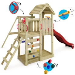 WICKEY Spielturm Klettergerüst MultiFlyer Holzdach Mit Schaukel & Rutsche, Kletterturm Mit Holzdach, Sandkasten, Leiter & Spiel-Zubehör - Rot -Bestintex Geschaft 1016a32ded88d2a337ab460ae68ad5a4