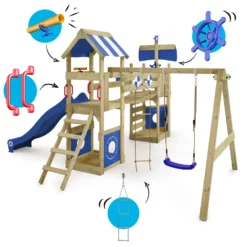 WICKEY Spielturm Klettergerüst StormFlyer Mit Schaukel & Rutsche, Baumhaus Mit Sandkasten, Kletterleiter & Spiel-Zubehör - Blau -Bestintex Geschaft 17d38c41556f561d90334653cb241c1c