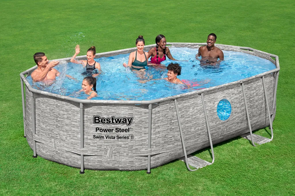 Bestway® Power Steel™ Swim Vista Series™ Frame Pool Komplett-Set Mit Sandfilteranlage 488 X 305 X 107 Cm , Steinwand-Optik (Cremegrau), Oval 4 Bestway® Power Steel™ Swim Vista Series™ Frame Pool Komplett-Set Mit Sandfilteranlage 488 X 305 X 107 Cm , Steinwand-Optik (Cremegrau), Oval – Bild 2