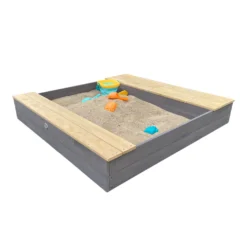 AXI Evy Sandkasten Aus Holz Mit Wasserbehälter, Sitzbank & Stauraum | Sandbox Für Kinder In Grau & Braun Mit Abdeckung & Plane | 119 X 117 Cm