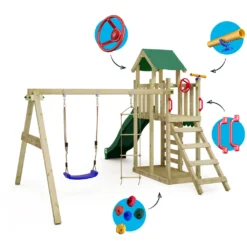 WICKEY Spielturm Klettergerüst MultiFlyer Light Mit Schaukel & Rutsche, Kletterturm Mit Sandkasten, Leiter & Spiel-Zubehör – Grün -Bestintex Geschaft 195e67d7333547eaaced35f459050253