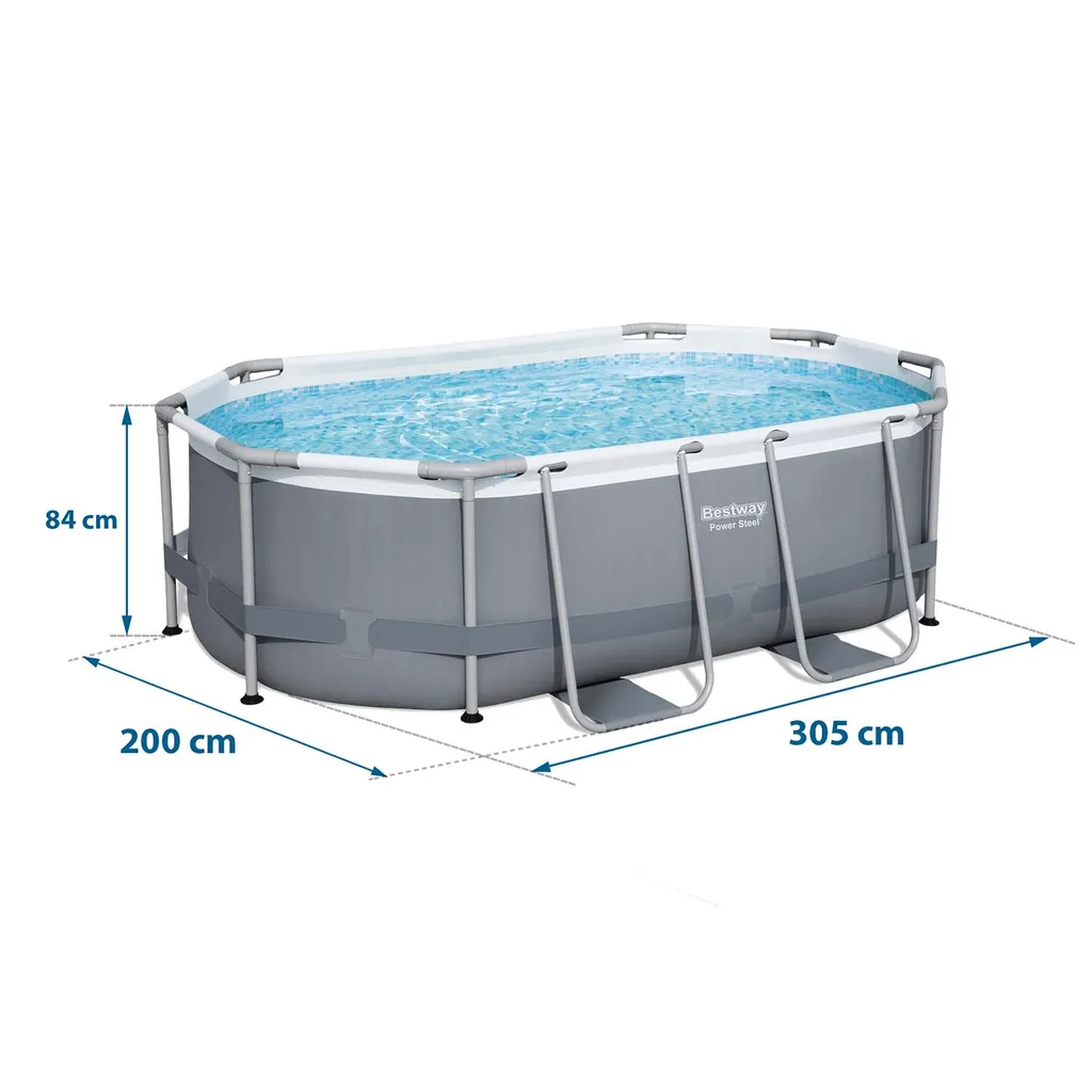 Bestway 5614A Power Steel Ovaler Oberirdischer Pool 305x200x84cmHöhe (cm): 84, Breite (cm): 305, Zusammensetzung: PVC, Länge (cm): 200, Gestalten: Oval, Maße: 3 - 3,99 M, Filterpumpe: 58381 19 Bestway 5614A Power Steel Ovaler Oberirdischer Pool 305x200x84cmHöhe (cm): 84, Breite (cm): 305, Zusammensetzung: PVC, Länge (cm): 200, Gestalten: Oval, Maße: 3 - 3,99 M, Filterpumpe: 58381 – Bild 17