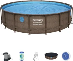 Bestway Power Steelâ„¢ Frame Pool Komplett-Set, Rund, 549x122cm, 56977, Rattanoptik, Integrierte Fenster Bullaugen