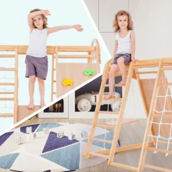 Merax 7 In 1 Klettergerüst »My Little Mountain« Kletterspielzeug Set Inkl. Rutschbahn, Schaukel, Leiter, Kletternetz, Ringe Und Kletterwand, Kletterdreieck, Indoor-Spielplatz Aus Holz, Holzfarbe -Bestintex Geschaft 33bbe25f69734377ef00ee90c819f376 1