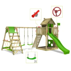 FATMOOSE Spielturm Klettergerüst HappyHome Mit Schaukel SurfSwing & Rutsche, Spielhaus Mit Sandkasten, Leiter & Spiel-Zubehör - Apfelgrün -Bestintex Geschaft 3724a5f63b80645135d57dc25fe2d4ec