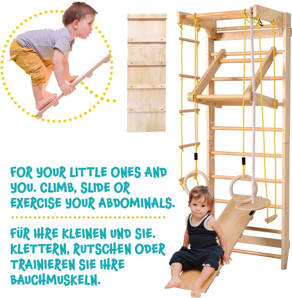 Physionics® Sprossenwand Set - Für Kinder/Erwachsene, Inkl. Klimmzugstange/Ringe/Trapez/Schrägbrett/Strickleiter, Aus Holz, Bis 100kg 10 Physionics® Sprossenwand Set - Für Kinder/Erwachsene, Inkl. Klimmzugstange/Ringe/Trapez/Schrägbrett/Strickleiter, Aus Holz, Bis 100kg – Bild 8