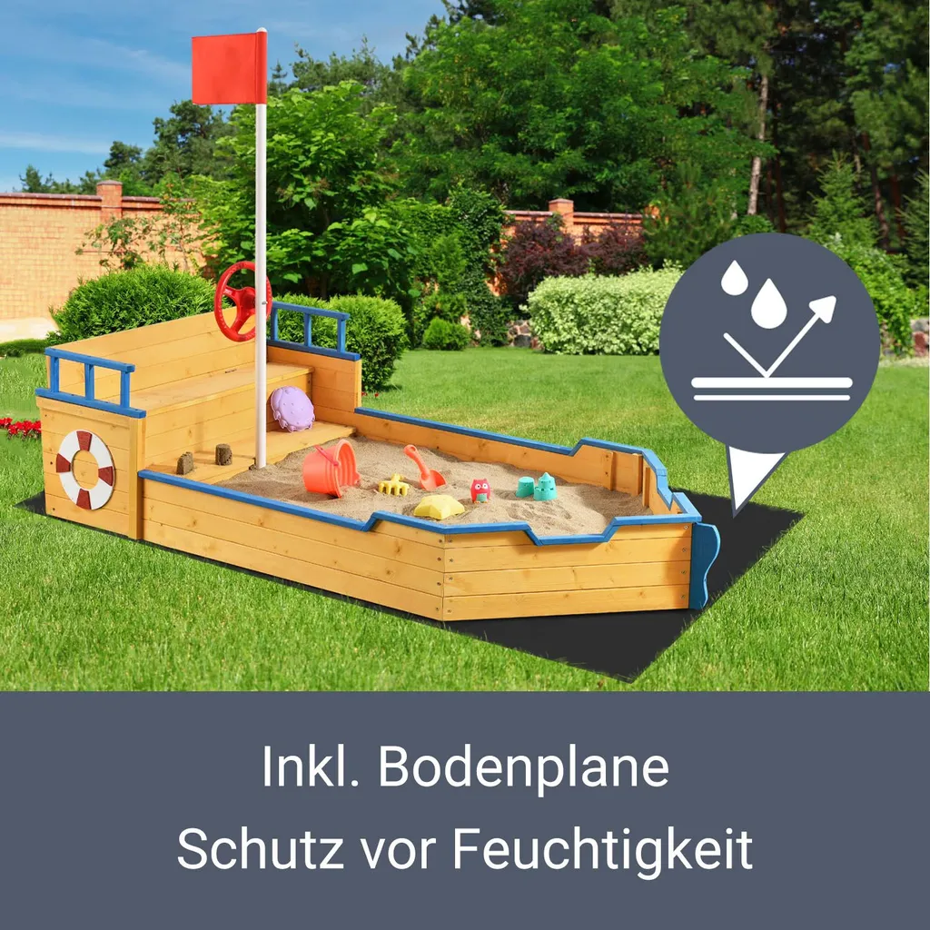 Juskys Sandkasten Käpt’n Pit - Piratenschiff Boot Aus Holz – Große Kinder Sandkiste Für Den Garten Mit Bodenplane Und Sitzbank, Outdoor Sandbox 8 Juskys Sandkasten Käpt’n Pit - Piratenschiff Boot Aus Holz – Große Kinder Sandkiste Für Den Garten Mit Bodenplane Und Sitzbank, Outdoor Sandbox – Bild 6