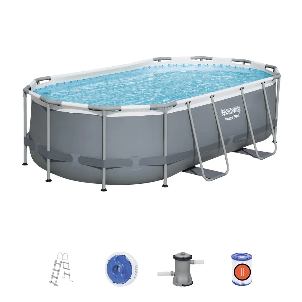 Bestway 56620 Power Steel Oval Oberirdischer Pool 427x250x100cmHöhe (cm): 100, Breite (cm): 427, Zusammensetzung: PVC, Länge (cm): 250, Gestalten: Oval, Maße: 4 - 4,99 M, Filterpumpe: 58383 21 Bestway 56620 Power Steel Oval Oberirdischer Pool 427x250x100cmHöhe (cm): 100, Breite (cm): 427, Zusammensetzung: PVC, Länge (cm): 250, Gestalten: Oval, Maße: 4 - 4,99 M, Filterpumpe: 58383 – Bild 19
