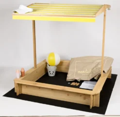 Needs&wants® Sandkasten Mit Dach Sitzbank Und Boden Vlies-Folie, Mit Abdeckung Oxford 600D, Sandkiste Holz Rechteckig Mit Bänken Outdoor Garten Kinder UV-Sonnenschutz, 113x113x113 Cm, Gelb Weiß Braun -Bestintex Geschaft 45463ff4f8705a73b89b54e746b8a9aa