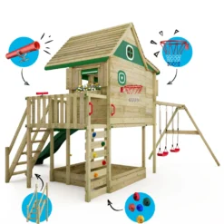 WICKEY Stelzenhaus Smart GreenHouse Mit Schaukel & Rutsche,integriertem Sandkasten Und Großem Spielhaus Mit Massiver Treppe Mit Handlauf, Fenstern, Rollos Und Blumenkasten - Grün -Bestintex Geschaft 472b1d3358da56009448a4a3a4c41fb7