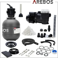 AREBOS Sandfilteranlage Mit Pumpe | 400W | 10.200 L/h | Tankvolumen Bis Zu 20 Kg Sand | 7 - Wege Ventil Mit Griff | Mit Druckmanometer | Inkl. 1400g Filterbälle | Inkl. 2m Schlauch | Grau -Bestintex Geschaft 484fe35287e12e722a97272e03f8908a