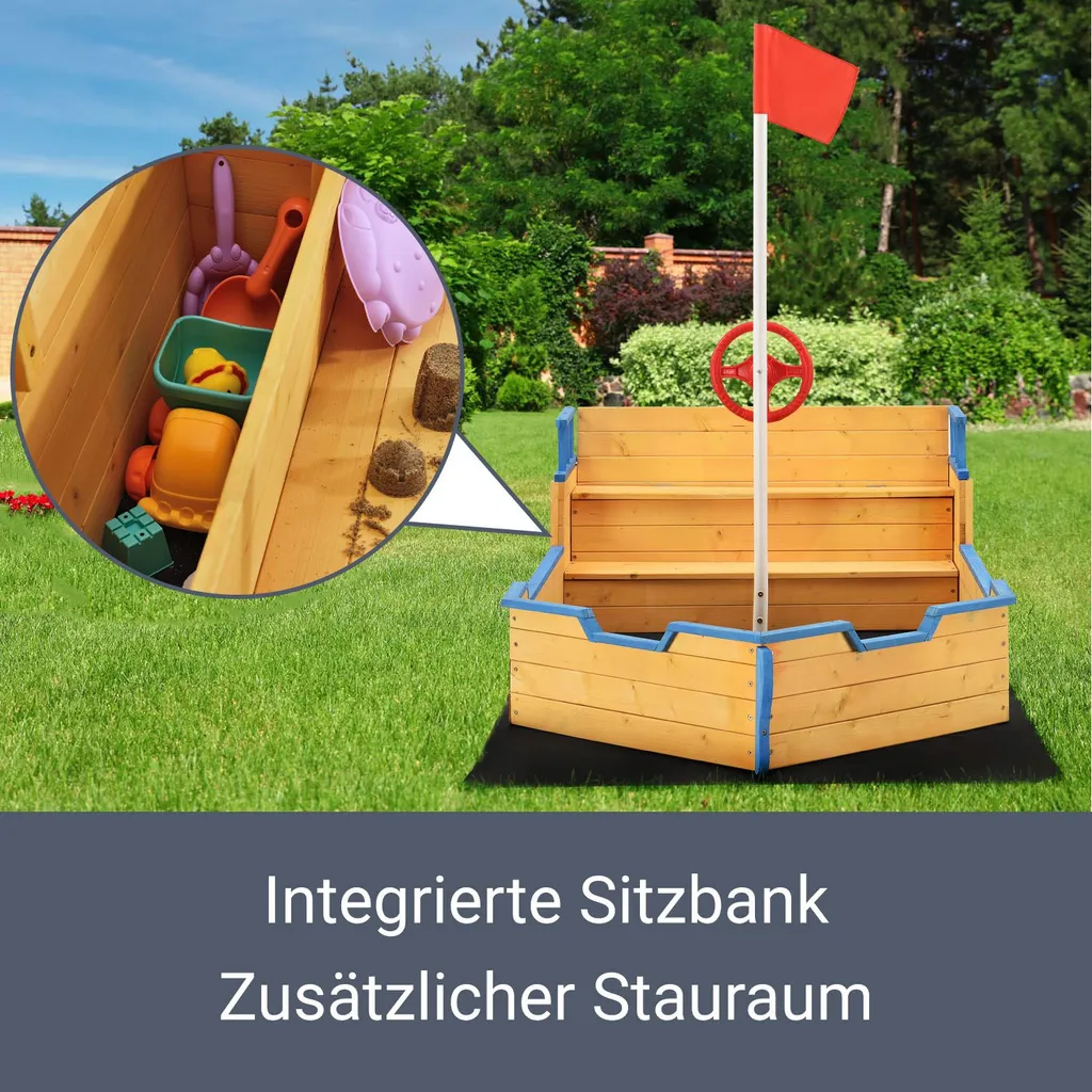 Juskys Sandkasten Käpt’n Pit - Piratenschiff Boot Aus Holz – Große Kinder Sandkiste Für Den Garten Mit Bodenplane Und Sitzbank, Outdoor Sandbox 6 Juskys Sandkasten Käpt’n Pit - Piratenschiff Boot Aus Holz – Große Kinder Sandkiste Für Den Garten Mit Bodenplane Und Sitzbank, Outdoor Sandbox – Bild 4