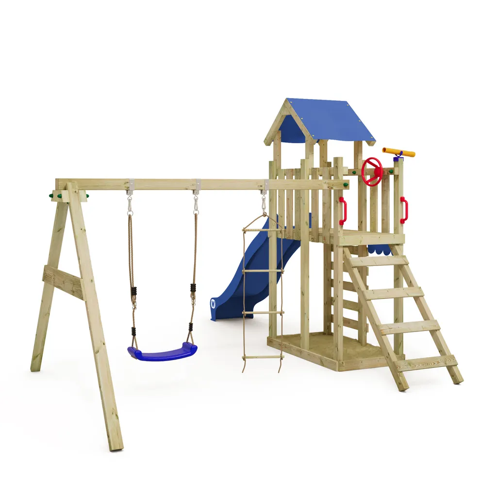 WICKEY Spielturm Klettergerüst MultiFlyer Light Mit Schaukel & Rutsche, Kletterturm Mit Sandkasten, Leiter & Spiel-Zubehör - Blau 4 WICKEY Spielturm Klettergerüst MultiFlyer Light Mit Schaukel & Rutsche, Kletterturm Mit Sandkasten, Leiter & Spiel-Zubehör - Blau – Bild 2