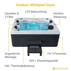 Artsauna Outdoor Whirlpool Oasis – Spa Mit Massagedüsen, LED-Beleuchtung, 2 Filter, Abdeckung, Pumpe, Ausstiegshilfe - Whirlpool Winterfest & Beheizbar -Bestintex Geschaft 5b0500ceafe0de942cf4e09f2f55769b