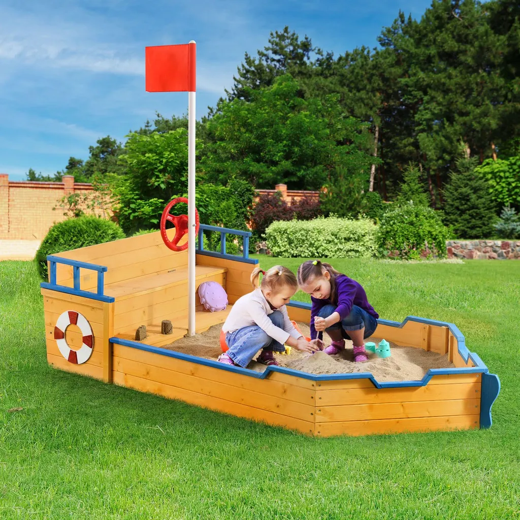 Juskys Sandkasten Käpt’n Pit - Piratenschiff Boot Aus Holz – Große Kinder Sandkiste Für Den Garten Mit Bodenplane Und Sitzbank, Outdoor Sandbox 4 Juskys Sandkasten Käpt’n Pit - Piratenschiff Boot Aus Holz – Große Kinder Sandkiste Für Den Garten Mit Bodenplane Und Sitzbank, Outdoor Sandbox – Bild 2