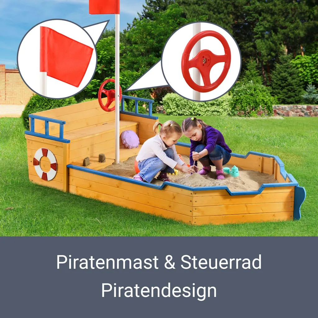 Juskys Sandkasten Käpt’n Pit - Piratenschiff Boot Aus Holz – Große Kinder Sandkiste Für Den Garten Mit Bodenplane Und Sitzbank, Outdoor Sandbox 5 Juskys Sandkasten Käpt’n Pit - Piratenschiff Boot Aus Holz – Große Kinder Sandkiste Für Den Garten Mit Bodenplane Und Sitzbank, Outdoor Sandbox – Bild 3