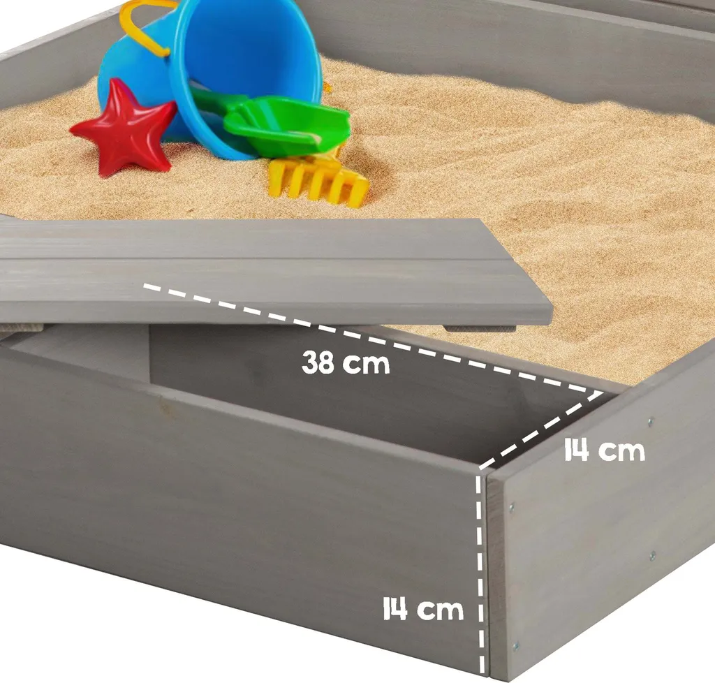 Roba Sandkasten Mit Deckel, HxBxT: 65,5 X 85 X 80 Cm, Sandkiste Aufklappbar Mit Tafel Und 3 Haken, Massivholz, Grau Lasiert, Wetterfest Und Umweltfreundlich, Aus Nachhaltiger Forstwirtschaft 6 Roba Sandkasten Mit Deckel, HxBxT: 65,5 X 85 X 80 Cm, Sandkiste Aufklappbar Mit Tafel Und 3 Haken, Massivholz, Grau Lasiert, Wetterfest Und Umweltfreundlich, Aus Nachhaltiger Forstwirtschaft – Bild 4