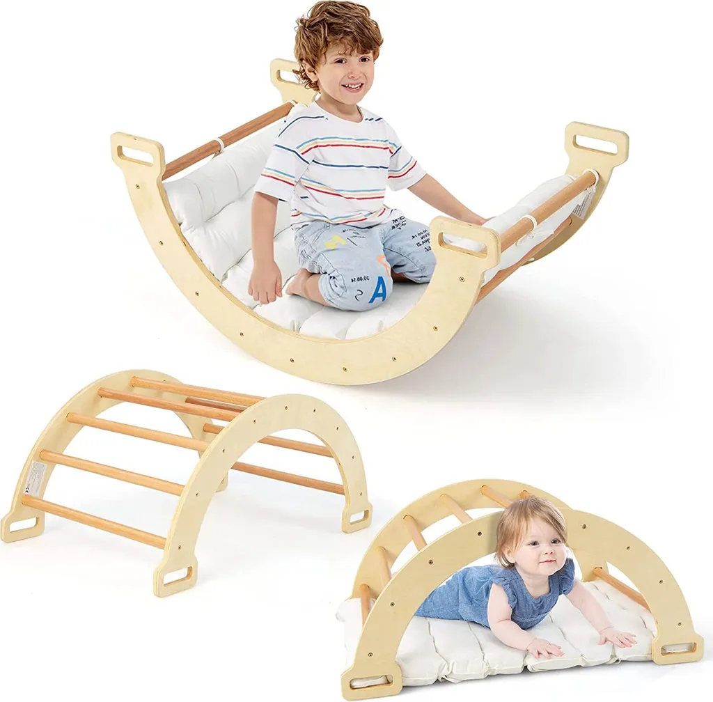 COSTWAY Bogen Mit Weichem Kissen, Kletterbogen Für Kinder Kleinkinder, Bogenwippe Aus Holz, Spielbogen Für Drinnen Und Draußen 3 COSTWAY Bogen Mit Weichem Kissen, Kletterbogen Für Kinder Kleinkinder, Bogenwippe Aus Holz, Spielbogen Für Drinnen Und Draußen