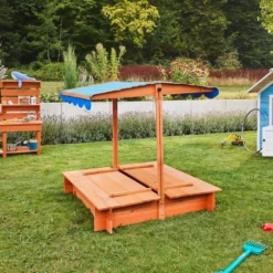 HOME DELUXE - Sandkasten BUDDELKISTE - 110 X 110 X 110 Cm - , Mit Höhenverstellbarem Sonnendach, Mit Umklappbaren Bänken I Sandbox