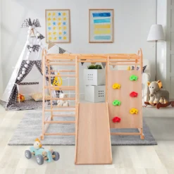Merax 7 In 1 Klettergerüst »My Little Mountain« Kletterspielzeug Set Inkl. Rutschbahn, Schaukel, Leiter, Kletternetz, Ringe Und Kletterwand, Kletterdreieck, Indoor-Spielplatz Aus Holz, Holzfarbe -Bestintex Geschaft 72f2cdc7c342d83085ba87e7d97ac811
