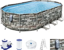 Bestway® Power Steel™ Comfort Jet Series™ Frame Pool-Set Mit Filterpumpe 610 X 366 X 122 Cm, Steinwand-Optik (Naturstein), Oval -Bestintex Geschaft 74b780e0a20dedda19398859e5b6d7ab