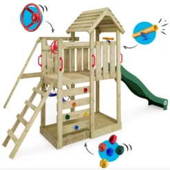 WICKEY Spielturm Klettergerüst MultiFlyer Holzdach Mit Schaukel & Rutsche, Kletterturm Mit Holzdach, Sandkasten, Leiter & Spiel-Zubehör - Grün -Bestintex Geschaft 76d7440194d33af92ff475f381c87fbe
