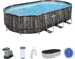 Bestway® Power Steel™ Frame Pool Komplett-Set Mit Filterpumpe 610 X 366 X 122 Cm , Holz-Optik (Mooreiche), Oval
