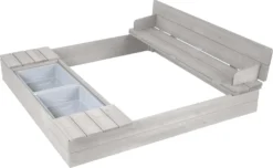 Roba Sandkasten 'Outdoor+' Mit Aufklappbarer Sitzbank, 2 Spielwannen & 4 Abnehmbaren Sitzplatten, Wetterfestes Massivholz, Grau Lasiert