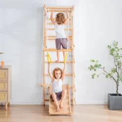 Merax 6-in-1 Multifunktions Kletterspielzeug Set Inkl. Rutsche Schaukel Klettergerüst Klimmzugsbereich Ringe Jungle Gym-Set, Indoor KlettergerüstSprossenwand Für Kinder, Massivholz, Natur -Bestintex Geschaft 879e9bb38f59460ffe144100822d824f