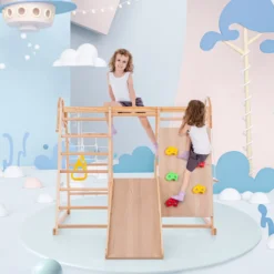 Merax 7 In 1 Klettergerüst »My Little Mountain« Kletterspielzeug Set Inkl. Rutschbahn, Schaukel, Leiter, Kletternetz, Ringe Und Kletterwand, Kletterdreieck, Indoor-Spielplatz Aus Holz, Holzfarbe -Bestintex Geschaft 89276e0cb3adc354c34ff5416ccc6693