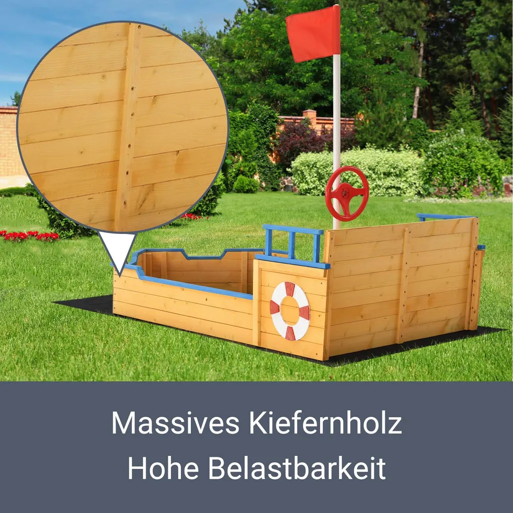 Juskys Sandkasten Käpt’n Pit - Piratenschiff Boot Aus Holz – Große Kinder Sandkiste Für Den Garten Mit Bodenplane Und Sitzbank, Outdoor Sandbox 7 Juskys Sandkasten Käpt’n Pit - Piratenschiff Boot Aus Holz – Große Kinder Sandkiste Für Den Garten Mit Bodenplane Und Sitzbank, Outdoor Sandbox – Bild 5