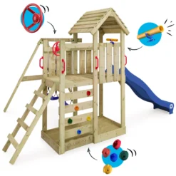 WICKEY Spielturm Klettergerüst MultiFlyer Holzdach Mit Schaukel & Rutsche, Kletterturm Mit Holzdach, Sandkasten, Leiter & Spiel-Zubehör - Blau -Bestintex Geschaft 8edc6f6e6d3013dd1435ae71c64d02ca