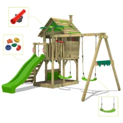 FATMOOSE Spielturm Klettergerüst JungleJumbo Mit Schaukel & Rutsche, Kletterturm Mit Sandkasten, Leiter & Spiel-Zubehör - Apfelgrün -Bestintex Geschaft 8fc15c00a717c7b20e5a72b31103690c 1