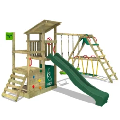 FATMOOSE Spielturm Klettergerüst FruityForest Mit Schaukel Surfswing & Rutsche, Kletterturm Mit Sandkasten, Leiter & Spiel-Zubehör – Grün
