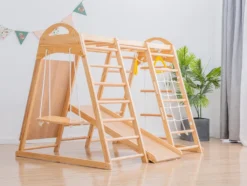 Merax 7 In 1 Klettergerüst »My Little Mountain« Kletterspielzeug Set Inkl. Rutschbahn, Schaukel, Leiter, Kletternetz, Ringe Und Kletterwand, Kletterdreieck, Indoor-Spielplatz Aus Holz, Holzfarbe -Bestintex Geschaft 92607463931e16db99b7f54c224b0410