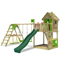 FATMOOSE Spielturm Klettergerüst HappyHome Mit Schaukel SurfSwing & Rutsche, Spielhaus Mit Sandkasten, Leiter & Spiel-Zubehör - Grün