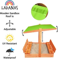 Ladanas® Sandkasten Holz- 140 X 140- Mit Faltbaren Bänken XXL& Verstellbarem Dach- UV50- Sandkiste Kinder & Imprägniert & Sonnendach (grün) -Bestintex Geschaft 9aa8705a43d914bd17d9ad6f989d9692