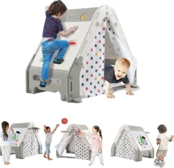 COSTWAY 5 In 1 Kletterdreieck Spielzelt, Kinderspielzelt Mit Kletterwand, Tafel Zum Malen, Basketballkorb, Fußballtor Und Ringen, Indoor Klettergerüst Spielzeug, Multifunktionales Kletterspielzeug