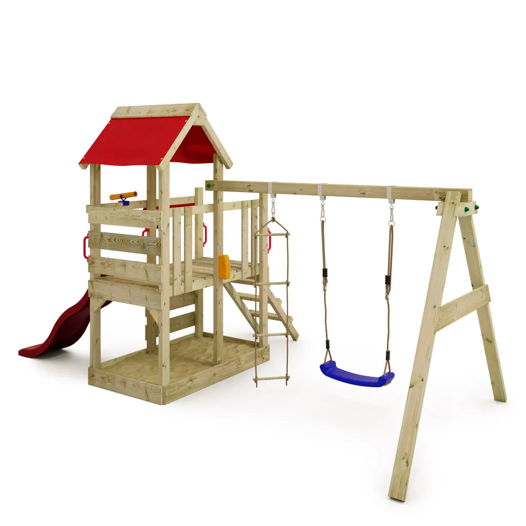 WICKEY Spielturm Klettergerüst TurboFlyer Mit Schaukel & Rutsche, Kletterturm Mit Sandkasten, Leiter & Spiel-Zubehör - Rot 3 WICKEY Spielturm Klettergerüst TurboFlyer Mit Schaukel & Rutsche, Kletterturm Mit Sandkasten, Leiter & Spiel-Zubehör - Rot – Bild 2