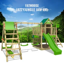 FATMOOSE Spielturm Klettergerüst JazzyJungle Mit Schaukel SurfSwing & Rutsche, Spielhaus Mit Sandkasten, Leiter & Spiel-Zubehör - Apfelgrün -Bestintex Geschaft a99689522a36b1d9f0c26ede5cfdd485