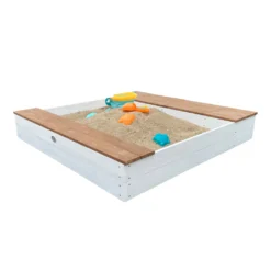 AXI Evy Sandkasten Aus Holz Mit Wasserbehälter, Sitzbank & Stauraum | Sandbox Für Kinder In Weiß & Braun Mit Abdeckung & Plane | 119 X 117 Cm