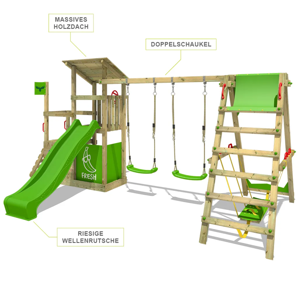 FATMOOSE Spielturm Klettergerüst FruityForest Mit Schaukel Surfswing & Rutsche, Kletterturm Mit Sandkasten, Leiter & Spiel-Zubehör – Rot 4 FATMOOSE Spielturm Klettergerüst FruityForest Mit Schaukel Surfswing & Rutsche, Kletterturm Mit Sandkasten, Leiter & Spiel-Zubehör – Rot – Bild 2