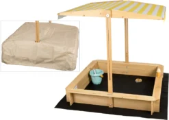 Needs&wants® Sandkasten Mit Dach Sitzbank Und Boden Vlies-Folie, Mit Abdeckung Oxford 600D, Sandkiste Holz Rechteckig Mit Bänken Outdoor Garten Kinder UV-Sonnenschutz, 113x113x113 Cm, Gelb Weiß Braun