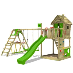 FATMOOSE Spielturm Klettergerüst HappyHome Mit Schaukel SurfSwing & Rutsche, Spielhaus Mit Sandkasten, Leiter & Spiel-Zubehör - Apfelgrün